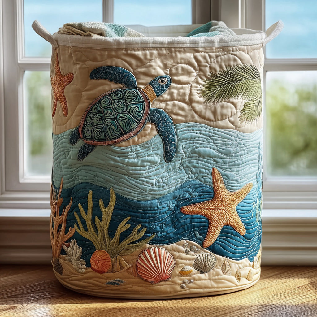 Coral Coastal Harmony | Quilted Laundry Basket