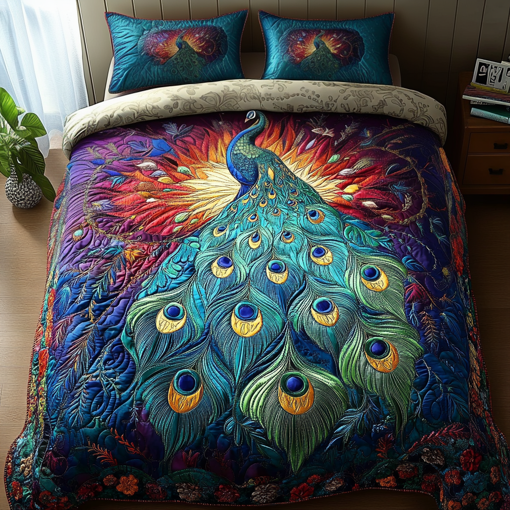 Peacock 3-Piece Quilted Bedding Set NCU0VT116